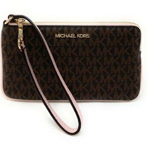 Michael Kors Jet Set Travel Large Top Zip Signature Leather Wristlet Clutch